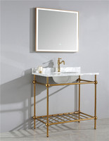 Meuble-lavabo en acier inoxydable avec comptoir en marbre et tabouret de salle de bain doré