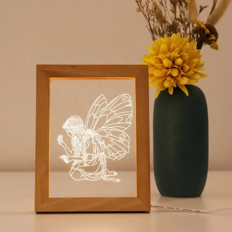 Satış 3D görüş LED lamba doğal ahşap fotoğraf çerçevesi 3D illusion gece lambası aşk akrilik ışık yayan diyot çiçek peri