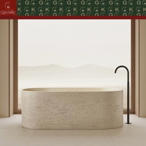 Baignoire en travertin de luxe moderne GOLDKING, extérieur texturé, intérieur lisse, baignoire en pierre personnalisée polie OEM - Product Image 2
