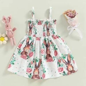 Vestito Estivo Floreale per Bambine con Coniglietto, Spalline Sottili, Corpetto Elasticizzato Arricciato e Gonna a Trapezio, Ideale per Primavera, Pasqua e Feste all'Aperto - Product Image 2
