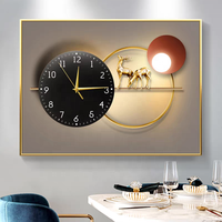 Lukisan Dinding Interior Ruang Makan Modern Horizontal Ruang Tamu Mewah Ringan Hiasan Rusa Kristal Jam Dinding Porselen