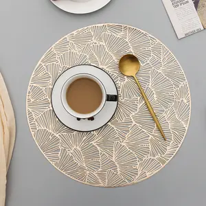 2022 Year 15 Inch Pressed Vinyl Round Table Mats Hollow Washable Gold Metallic Place Mats For Dining Table Decoration