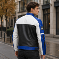 Blouson de moto en cuir PU pour homme, style racing, avec blocs de couleur, col montant, fermeture éclair métallique, patch brodé et poches zippées, vente en gros