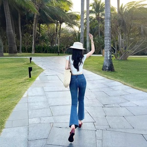 Women's High Waist Flared <b>Denim</b> Jeans Long Cotton Pants - Product Image 3