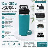Bouteille d'eau en acier inoxydable de 12 oz, bouteille isotherme sous vide 304 avec couvercle à paille rabattable breveté, paille détachable, conception anti-fuite