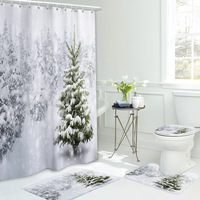 Ensemble de rideaux de douche de Noël 4 pièces, imprimé numérique 3D Père Noël et sapin, tapis de bain en polyester imperméable, couvercle de toilette, pour salle de bain festive