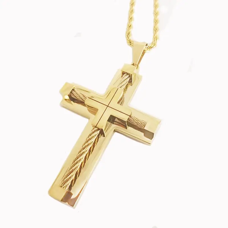 Stainless Steel Pendant Cross for Men Double Cross Wire Chain Silver Black Gold Thick Quality Religious Cross Jewelry