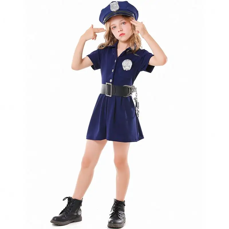 키즈 아이 사랑스러운 블루 경찰 코스프레 의상 유니폼 여자 직업 직업 역할 놀이 판타지아 할로윈 의상