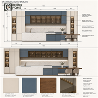 Meubles de cuisine contemporains en coton cachemire crème avec accents bleu azur, îlot de cuisine en noyer cantilevered, menuiserie de penthouse