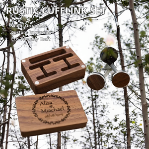 Gemelos redondos de madera de nogal rústico con logotipo gratis, juego de Clips de corbata para hombres, caja organizadora de madera grabada, regalo del Día del Padre - Product Image 3