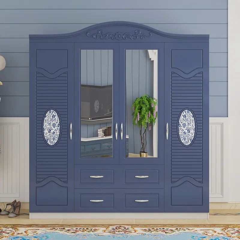 Moyen-orient vente chaude Bleu couleur conception 2/3/4 porte chambre armoire avec décor plein mdf armoire en plastique armoire en bois