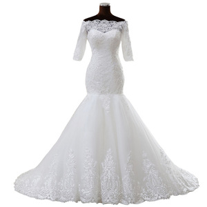 Mermaid Wedding Dress Off-the-Shoulder Scalloped Neckline White Polyester Vintage Style for Petite Brides - Product Image 5