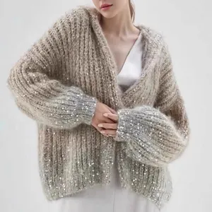 2023 autumn new arrival long sleeve oversized hoodie cardigan bling bling cable knit women thick sweater coat