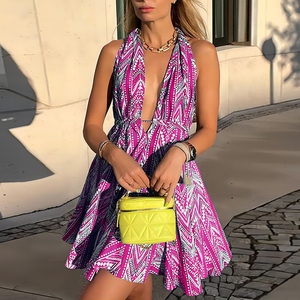 Pink Geometric Print Halter Neck Flared Sundress <b>Sleeveless</b> Woven Breathable High Waist Knee-Length Casual <b>Summer</b> <b>Dress</b> - Product Image 6