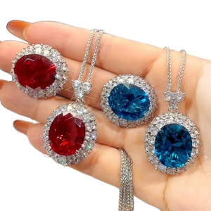 Parure de bijoux haut de gamme pour femme, collier et bague en cuivre plaqué argent, zircon rouge et bleu taille ovale 15*18mm, écologique et tendance - Product Image 2