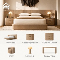 Ensemble de lit de luxe en chêne avec tête de lit cannelée et tables de chevet, mobilier sur mesure en bois massif pour toute la maison, idéal pour projets de villas et hôtels.