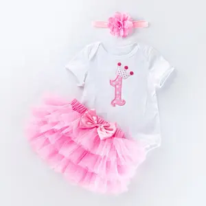 赤ちゃん新生児の女の子1歳の誕生日の衣装水玉ワンロンパースチュチュスカートフラワーヘッドバンドケーキスマッシュコスチューム写真撮影用