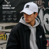 Casquette de baseball personnalisée en twill de coton blanc avec broderie 3D gothique noire, visière incurvée réglable à fermeture snapback