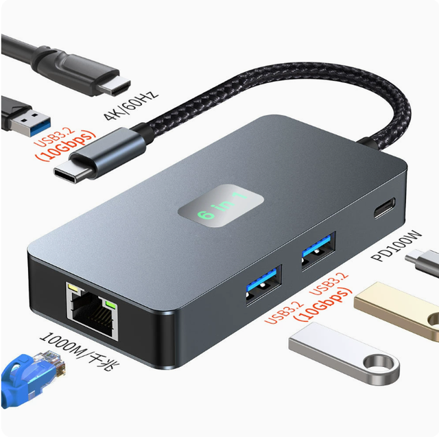 6 1 USB C Hub 3 USB 3.2 Ports Gigabit Ethernet Adapter 4K/60Hz -Compatible Type C for Laptop/PC Multiport Hub Adapter