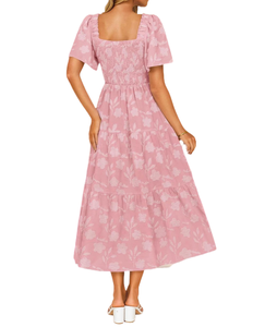 Bán Buôn Thấp <span class=keywords><strong>Moq</strong></span> Của Phụ Nữ Mùa Hè Hoa Voan Ăn Mặc 2025 Bộ Sưu Tập Mới Cổ Vuông Ngắn Tay Áo Cao Eo Smocking Giản Dị - Product Image 4