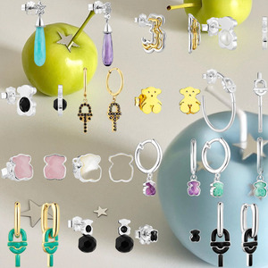Pendientes de Aro con Diseño de Oso de Dibujos Animados, Joyería Fina de Lujo Kawaii, Esmalte de Color, Piedras Preciosas, Apilables, Modernos, para Adolescentes, Uso Diario - Product Image 1