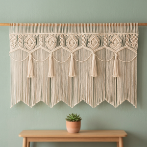 Bohemian Macrame Cotton Washable Wall Hanging Tassels Rectangle Shape Indoor Decor Living Room Art All Seasons Basantpriya - Product Image 2