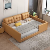 Cama para Padres e Hijos Desmontable con Barandilla, de Cuero y Tela, Cama Infantil Extra Grande con Almacenamiento y Diseño de Paneles