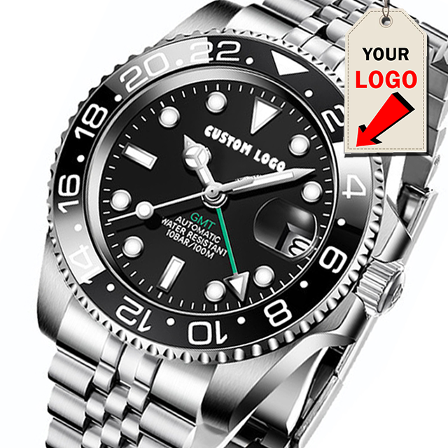 Custom Logo Black Sapphire Business Men Wristwatch Date Brand Waterproof Automatic Mechanical Watches with Stainless Steel Strap