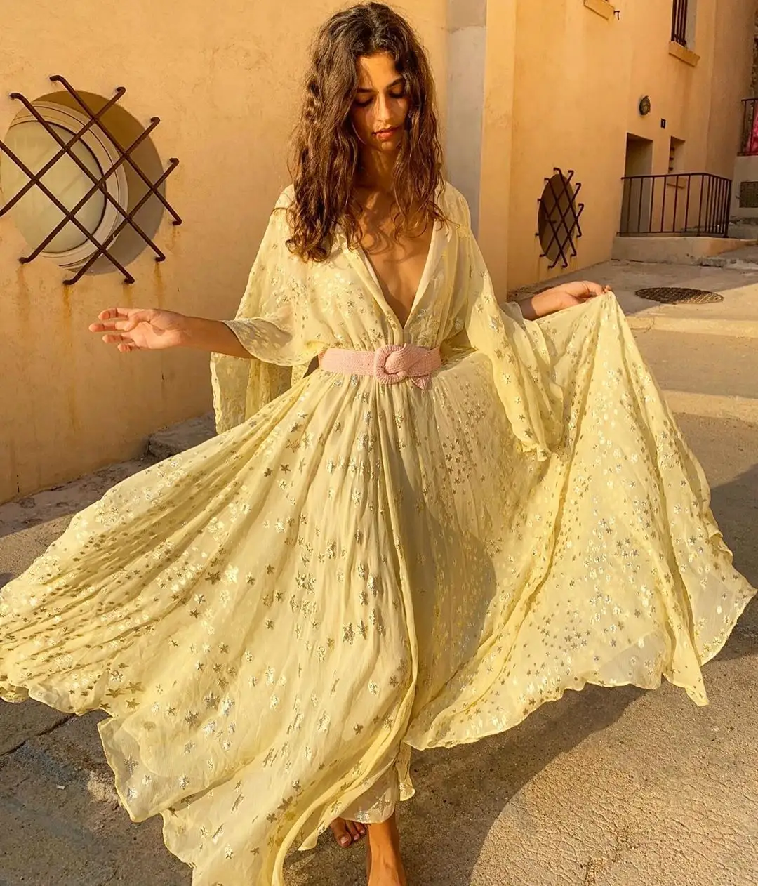 Robe longue style bohémien pour femmes, vêtements de maison, étoiles romantiques, imprimée, ample, décolleté en V profond, douce, vacances, nouvelle collection été 2021