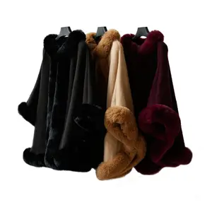 Super Soft Hand Plus Free Size Cashmere Blended Women Knit Fur Trimmed Cape Shawl Coat