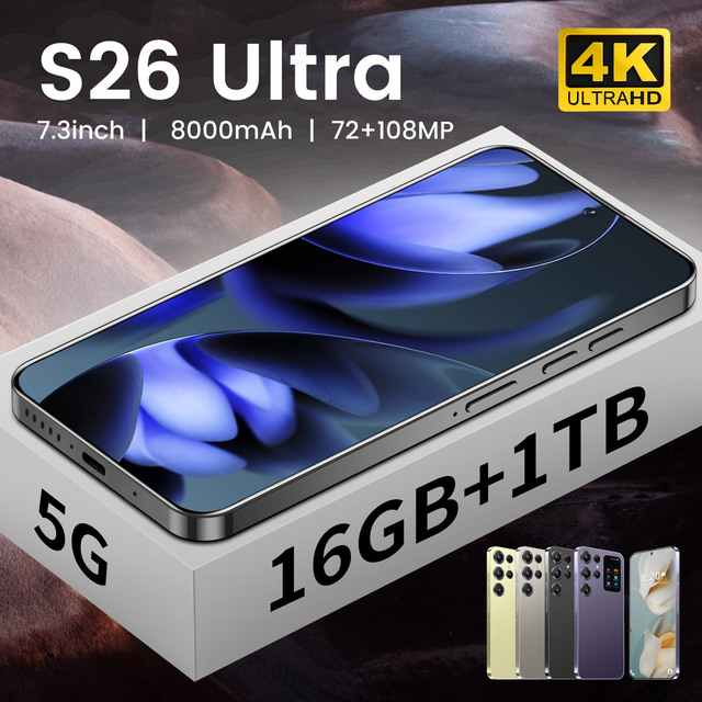 Large Screen S26 Ultra 5G Android 14 Unlocked Smartphone 16GB+1TB Gaming Deca Core 108MP 8000mAh HD Display