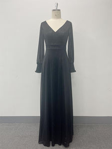 Vestidos de noche de lujo a la moda tul manga larga con cuello en V Split A-line forrado vestidos de graduación negro brillante vestidos de dama de honor - Product Image 5