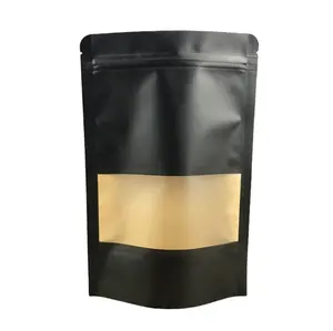 Black Resealable Snack Biscuit Brown Kraft Food Packing Paper Bags Sharp Bottom Zipper Stand Up Pouch Food Grade With Window
