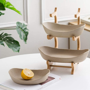 Home 3 Tier Fruit Bowl Bamboo Wood Stand Green Ceramic Dish <strong>Table</strong> Decoration Fruit <strong>Basket</strong> - Product Image 6