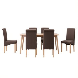 Set di 6 sedie da pranzo in tessuto marrone con gambe in legno, design ergonomico e moderno per l'arredamento della sala da pranzo di casa - Product Image 1