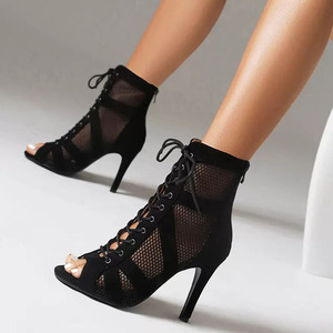 Botas de Baile Latino de Alta Calidad de Fábrica, Negras, de Malla y Gamuza, con Cordones, Sandalias Sexys de Tacón Alto - Product Image 1