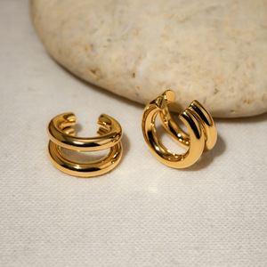Double Layer Clip On <b>Earrings</b> 18k Gold Stainless Steel Geometric Fashion <b>Cuff</b> Jewelry - Product Image 2