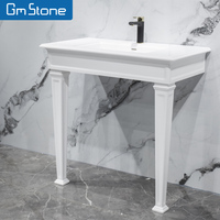 Lavabo sur pied blanc moderne GeMei, rectangulaire, finition mate, en porcelaine et pierre artificielle, pour usage hôtelier