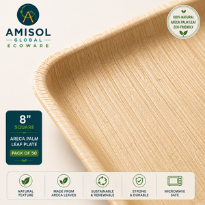 Plato desechable cuadrado de 8 pulgadas de hoja de palma Areca para el almuerzo |   Plato de Catering Resistente, Compostable y Ecológico - Product Image 5