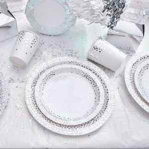 Assiettes jetables modernes en papier pour dîner et dessert, 150 pièces, 50 portions, fournitures de fête argentées pour mariages, anniversaires et autres événements - Product Image 3