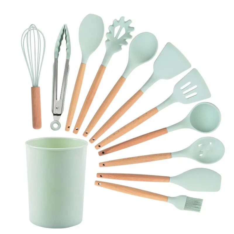 Không dính 12 pcs chịu nhiệt tiện ích nhà bếp đồ dùng Set gỗ xử lý Silicone nấu ăn đồ dùng nhà bếp