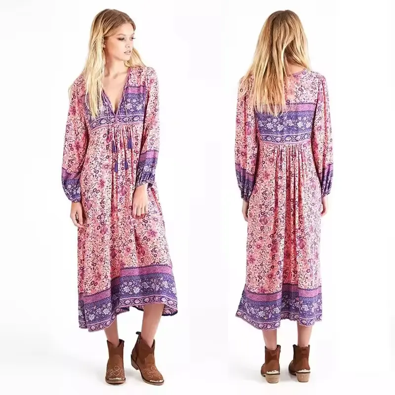 Özel şifon elbise uzun kollu moda artı boyutu kadın giyim Bohemian elbise Maxi kadınlar Mini Vintage günlük elbiseler