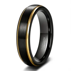 Somen Cincin Pasangan Tungsten Tepi Emas 6Mm/8Mm, Cincin Pertunangan Hitam Pasangan Kekasih Brushed, Cincin Ulang Tahun Dropshipping Murah