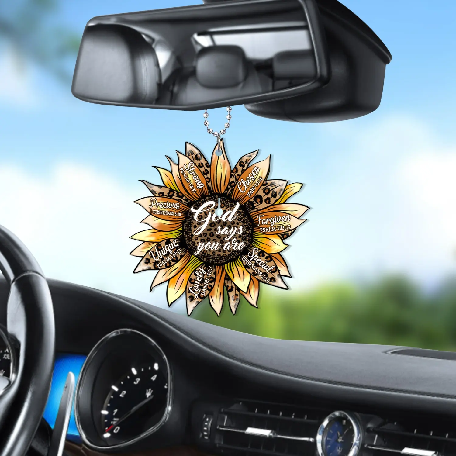 Girasol Dios dice que eres único encantador elegido cristiano Jesús coche espejo retrovisor accesorios adorno de árbol de Navidad