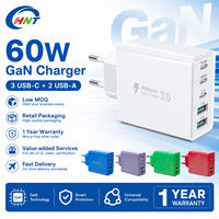 Chargeur mural GaN 60W en gros avec 3 ports USB-C et 2 ports USB-A, adaptateur de charge rapide PD 3.0 pour smartphones avec prises US/EU/UK/AU