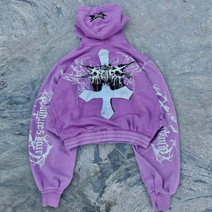 Sudadera con capucha unisex personalizada de corte ajustado y bajo con cordón, estilo invierno, con estampado gótico de demonio lavado al ácido y parche bordado, estilo Y2K <span class=keywords><strong>Grunge</strong></span> - Product Image 2