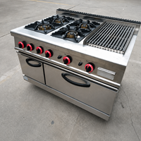 Cuisinière à gaz commerciale autonome à 4 brûleurs avec gril à pierres volcaniques et four à gaz, équipement de cuisine de restaurant en acier inoxydable