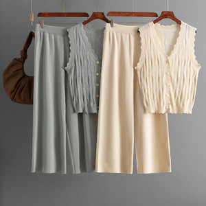 Conjunto de 2 Piezas para Mujer, Nuevo Cárdigan Sencillo Holgado sin Mangas, Pantalones Anchos de Punto, a la Moda - Product Image 2