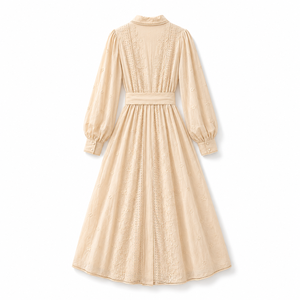Abito Lungo da Donna Elegante e Casual in Stile Vintage Francese, Tessuto Ecologico Naturale Tinta Unita con Ricami e Maniche a Lanterna - Product Image 2