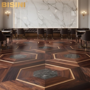 Revêtement de sol sur mesure de qualité muséale pour propriétés de luxe : Hexagones en marbre Verde et mosaïque en bois de rose Santos avec finition en laiton ajustée à la main - Product Image 6